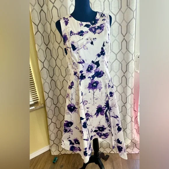 EUC DKNY White & Purple Floral Handkerchief Hem Fit-&-Flare Dress - Picture 5 of 16